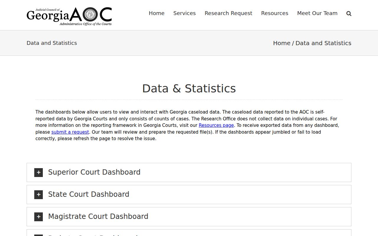 Georgia Courts data and statistics dashboard for aggregate court caseloads